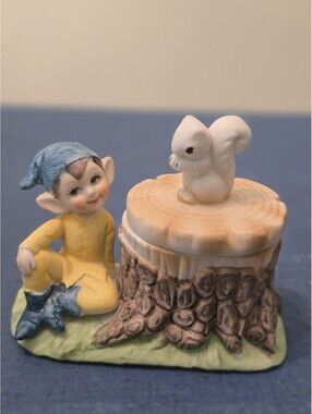Vintage Norleans Pixie Elf with Squirrel on Stump, trinket box